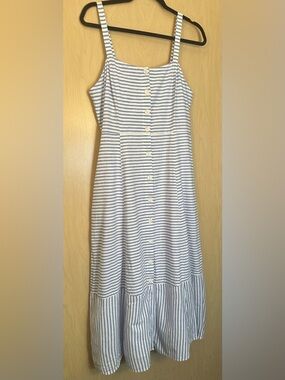 1901 Blue and White Striped Button-Front Linen/ Cotton Blend Midi Dress